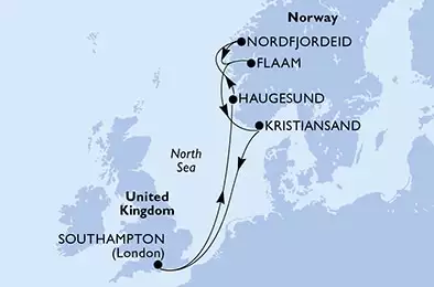 MSC VIRTUOSA - Itinerario di 7 notti partendo da SOUTHAMPTON, UNITED KINGDOM il 23/08/2025 - Southampton,Haugesund,Nordfjordeid,Flaam,Kristiansand,Southampton
