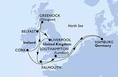 Hamburg,Southampton,Cork,Belfast,Greenock,Liverpool,Falmouth,Hamburg