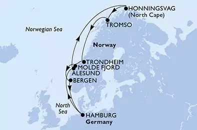 MSC PREZIOSA - Itinerario di 11 notti partendo da HAMBURG, GERMANY il 07/05/2025 - Hamburg,Alesund,Honningsvag,Tromso,Trondheim,Molde Fjord,Bergen,Hamburg