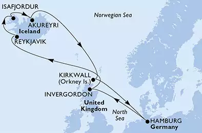 MSC PREZIOSA - Itinerario di 11 notti partendo da HAMBURG, GERMANY il 18/05/2025 - Hamburg,Invergordon,Reykjavik,Isafjordur,Akureyri,Kirkwall,Hamburg