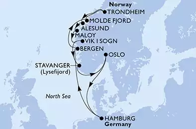 MSC PREZIOSA - Itinerario di 13 notti partendo da HAMBURG, GERMANY il 01/09/2025 - Hamburg,Bergen,Molde Fjord,Trondheim,Alesund,Maloy,Vik i Sogn,Stavanger,Oslo,Hamburg Cruise Parade,Hamburg