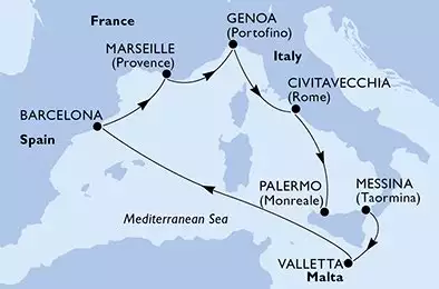 Messina,Valletta,Barcelona,Marseille,Genoa,Civitavecchia,Palermo