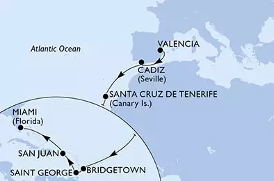 MSC SEASIDE - Itinerario di 17 notti partendo da VALENCIA, SPAIN il 31/10/2024 - Valencia,Cadiz,Santa Cruz de Tenerife,Bridgetown,Saint George,San Juan,Miami