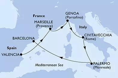 MSC SEASIDE - Itinerario di 6 notti partendo da VALENCIA, SPAIN il 24/10/2024 - Valencia,Marseille,Genoa,Civitavecchia,Palermo,Barcelona