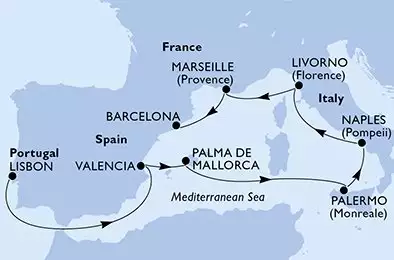 MSC SEASIDE - Itinerario di 9 notti partendo da LISBON, PORTUGAL il 20/04/2025 - Lisbon,Valencia,Palma de Mallorca,Palermo,Naples,Livorno,Marseille,Barcelona