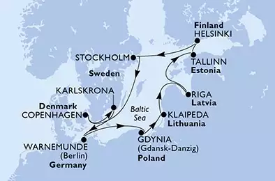 Stockholm,Copenhagen,Karlskrona,Warnemunde,Gdynia,Klaipeda,Riga,Tallinn,Helsinki,Stockholm