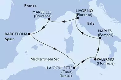MSC GRANDIOSA - Itinerario di 7 notti partendo da LIVORNO il 21/04/2024 - Italia, Francia, Spagna, Tunisia