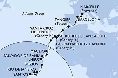 MSC ORCHESTRA  - Itinerario di 19 notti partendo da MARSEILLE, FRANCE il 11/11/2024 - Marseille,Barcelona,Tangier,Arrecife de Lanzarote,Las Palmas de G.Canaria,Santa Cruz de Tenerife,Maceio,Salvador,Ilheus,Buzios,Santos,Rio de Janeiro