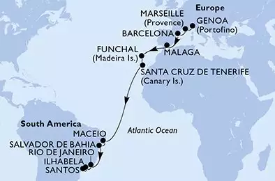 MSC GRANDIOSA - Itinerario di 21 notti partendo da GENOVA il 16/11/2024 - Genoa,Marseille,Barcelona,Malaga,Funchal,Santa Cruz de Tenerife,Maceio,Salvador,Rio de Janeiro,Ilhabela,Santos