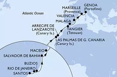 MSC GRANDIOSA - Itinerario di 21 notti partendo da SANTOS, BRAZIL il 05/04/2025 - Santos,Rio de Janeiro,Buzios,Salvador,Maceio,Las Palmas de G.Canaria,Arrecife de Lanzarote,Tangier,Malaga,Valencia,Marseille,Genoa