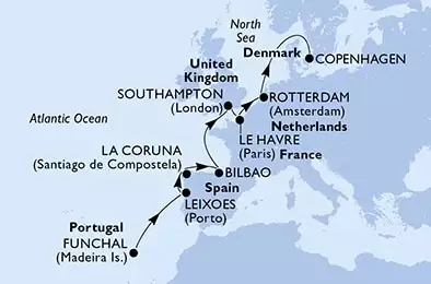 MSC POESIA - Itinerario di 10 notti partendo da FUNCHAL, PORTUGAL il 19/04/2025 - Funchal,Leixoes,La Coruna,Bilbao,Southampton,Le Havre,Rotterdam,Copenhagen