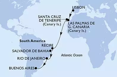Lisbon,Las Palmas de G.Canaria,Santa Cruz de Tenerife,Recife,Salvador,Rio de Janeiro,Buenos Aires