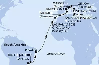 MSC SEAVIEW - Itinerario di 19 notti partendo da SANTOS, BRAZIL il 18/04/2025 - Santos,Rio de Janeiro,Maceio,Las Palmas de G.Canaria,Tangier,Palma de Mallorca,Barcelona,Marseille,Genoa,Civitavecchia
