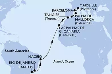 MSC SEAVIEW - Itinerario di 17 notti partendo da SANTOS, BRAZIL il 18/04/2025 - Santos,Rio de Janeiro,Maceio,Las Palmas de G.Canaria,Tangier,Palma de Mallorca,Barcelona,Marseille