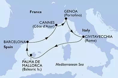 Civitavecchia,Palma de Mallorca,Barcelona,Cannes,Genoa,Civitavecchia