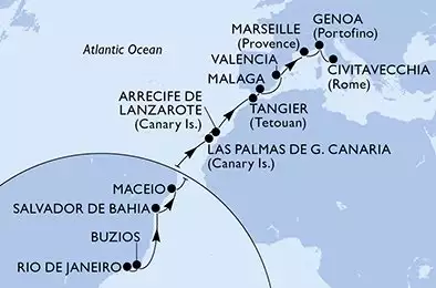 MSC GRANDIOSA - Itinerario di 21 notti partendo da RIO DE JANEIRO, BRAZIL il 06/04/2025 - Rio de Janeiro,Buzios,Salvador,Maceio,Las Palmas de G.Canaria,Arrecife de Lanzarote,Tangier,Malaga,Valencia,Marseille,Genoa,Civitavecchia