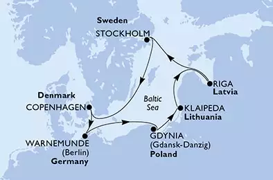 Copenhagen,Warnemunde,Gdynia,Klaipeda,Riga,Stockholm,Copenhagen