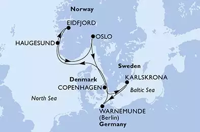 MSC POESIA - Itinerario di 8 notti partendo da COPENHAGEN, DENMARK il 09/05/2025 - Copenhagen,Karlskrona,Warnemunde,Haugesund,Eidfjord,Oslo,Copenhagen