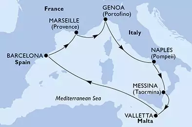 MSC WORLD EUROPA - Itinerario di 7 notti partendo da GENOVA il 07/09/2025 - Genoa,Naples,Messina,Valletta,Barcelona,Marseille,Genoa