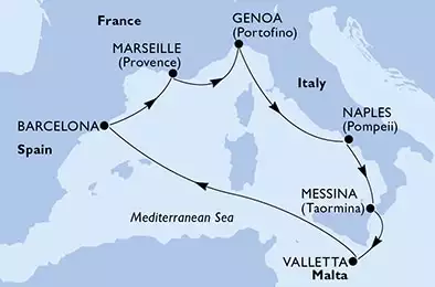 MSC WORLD EUROPA - Itinerario di 7 notti partendo da NAPOLI il 14/04/2025 - Naples,Messina,Valletta,Barcelona,Marseille,Genoa,Naples