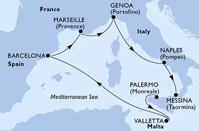 MSC WORLD EUROPA - Itinerario di 7 notti partendo da PALERMO il 08/04/2025 - Palermo,Valletta,Barcelona,Marseille,Genoa,Naples,Messina