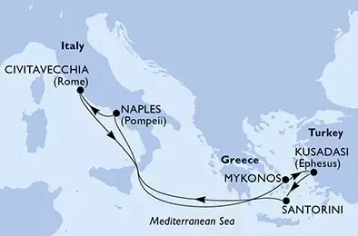 Naples,Civitavecchia,Mykonos,Kusadasi,Santorini,Naples