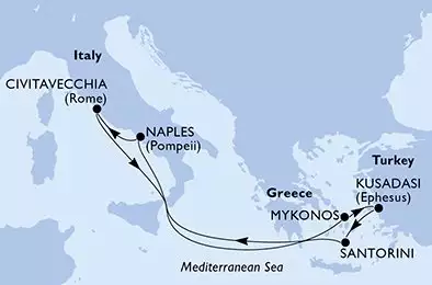Naples,Civitavecchia,Mykonos,Kusadasi,Santorini,Naples