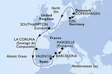 MSC EURIBIA - Itinerario di 11 notti partendo da KIEL, GERMANY il 19/10/2024 - Kiel,Copenhagen,Southampton,La Coruna,Valencia,Barcelona,Marseille