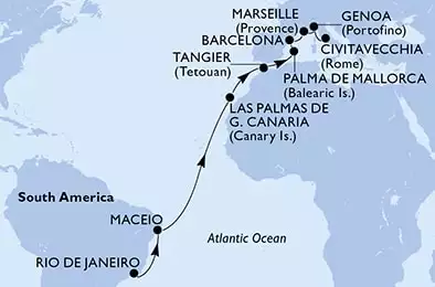 MSC SEAVIEW - Itinerario di 18 notti partendo da RIO DE JANEIRO, BRAZIL il 19/04/2025 - Rio de Janeiro,Maceio,Las Palmas de G.Canaria,Tangier,Palma de Mallorca,Barcelona,Marseille,Genoa,Civitavecchia