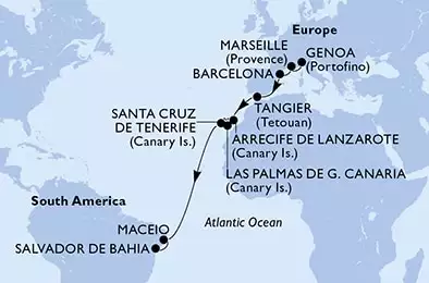 Genoa,Marseille,Barcelona,Tangier,Arrecife de Lanzarote,Las Palmas de G.Canaria,Santa Cruz de Tenerife,Maceio,Salvador