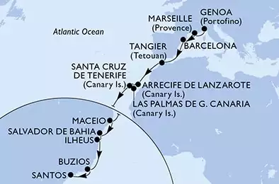 Genoa,Marseille,Barcelona,Tangier,Arrecife de Lanzarote,Las Palmas de G.Canaria,Santa Cruz de Tenerife,Maceio,Salvador,Ilheus,Buzios,Santos