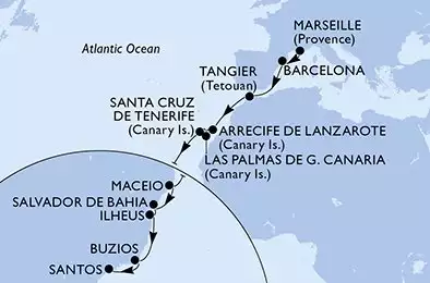 MSC ORCHESTRA  - Itinerario di 18 notti partendo da MARSEILLE, FRANCE il 11/11/2024 - Marseille,Barcelona,Tangier,Arrecife de Lanzarote,Las Palmas de G.Canaria,Santa Cruz de Tenerife,Maceio,Salvador,Ilheus,Buzios,Santos