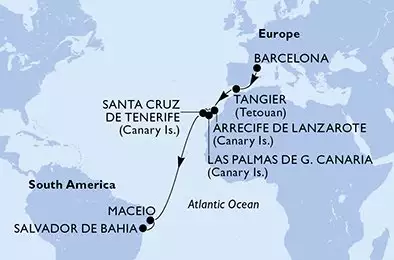 Barcelona,Tangier,Arrecife de Lanzarote,Las Palmas de G.Canaria,Santa Cruz de Tenerife,Maceio,Salvador
