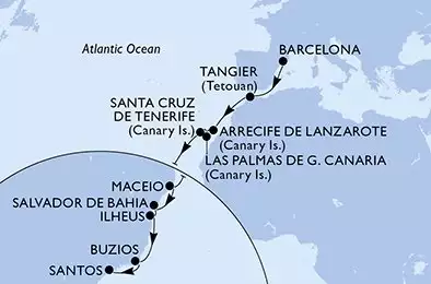 Barcelona,Tangier,Arrecife de Lanzarote,Las Palmas de G.Canaria,Santa Cruz de Tenerife,Maceio,Salvador,Ilheus,Buzios,Santos