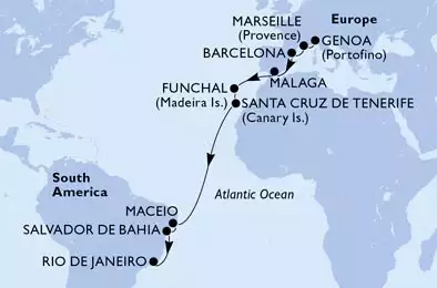 Genoa,Marseille,Barcelona,Malaga,Funchal,Santa Cruz de Tenerife,Maceio,Salvador,Rio de Janeiro