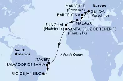 MSC GRANDIOSA - Itinerario di 19 notti partendo da GENOVA il 16/11/2024 - Genoa,Marseille,Barcelona,Malaga,Funchal,Santa Cruz de Tenerife,Maceio,Salvador,Rio de Janeiro