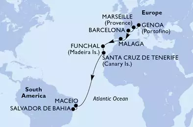 Genoa,Marseille,Barcelona,Malaga,Funchal,Santa Cruz de Tenerife,Maceio,Salvador