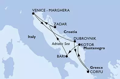 MSC SINFONIA - Itinerario di 7 notti partendo da BARI il 17/10/2025 - Bari,Zadar,Venice-Marghera,Dubrovnik,Corfu,Kotor,Bari