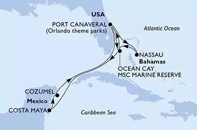MSC SEASHORE - Itinerario di 10 notti partendo da PORT CANAVERAL (ORLANDO),  STATI UNITI il 14/08/2025 - Port Canaveral,Nassau,Ocean Cay,Port Canaveral,Ocean Cay,Ocean Cay,Costa Maya,Cozumel,Port Canaveral