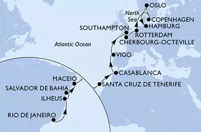 MSC PREZIOSA - Itinerario di 23 notti partendo da RIO DE JANEIRO, BRAZIL il 22/04/2024 - Brasile, Spagna, Marocco, Regno Unito, Francia, Olanda, Danimarca, Norvegia, Germania