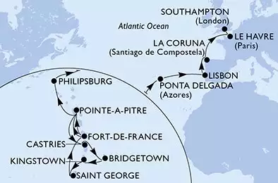 Fort de France,Pointe-a-Pitre,Castries,Bridgetown,Kingstown,Saint George,Fort de France,Pointe-a-Pitre,Philipsburg,Ponta Delgada,Lisbon,La Coruna,Le Havre,Southampton