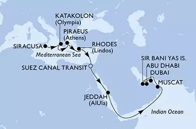 MSC OPERA - Itinerario di 19 notti partendo da SIRACUSA,  ITALIA il 31/10/2023 - Italia, Grecia, Egitto, Arabia Saudita, Oman, Emirati Arabi Uniti