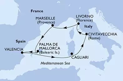 Civitavecchia,Livorno,Marseille,Palma de Mallorca,Valencia,Cagliari,Civitavecchia