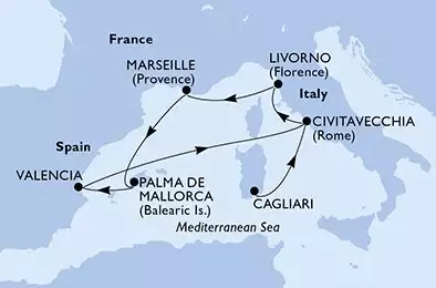 Cagliari,Civitavecchia,Livorno,Marseille,Palma de Mallorca,Valencia,Civitavecchia
