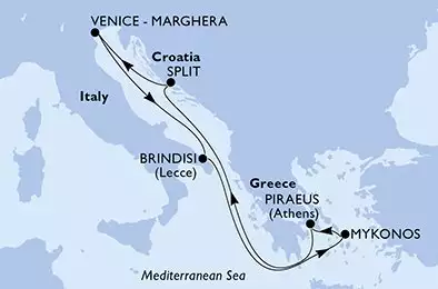 Piraeus,Split,Venice-Marghera,Brindisi,Mykonos,Piraeus