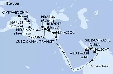 MSC OPERA - Itinerario di 20 notti partendo da DUBAI il 21/04/2024 - Emirati Arabi Uniti, Oman, Egitto, Cipro, Grecia, Italia