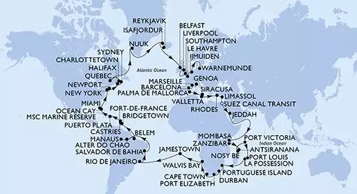 MSC POESIA - Itinerario di 120 notti partendo da GENOVA il 05/01/2024 - Italia, Francia, Spagna, Malta, Grecia, Cipro, Egitto, Arabia Saudita, Kenya, Repubblica Unita di Tanzania, Madagascar, Seychelles, Mauritius, Réunion, Mozambico, Sudafrica, Namibia, Sant'Elena, Brasile, Barbados, Saint Lucia, Martinica, Repubblica Dominicana, Bahamas, USA, Canada, Groenlandia, Islanda, Regno Unito, Olanda, Germania