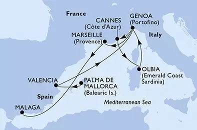 Palma de Mallorca,Valencia,Genoa,Cannes,Olbia,Genoa,Marseille,Malaga