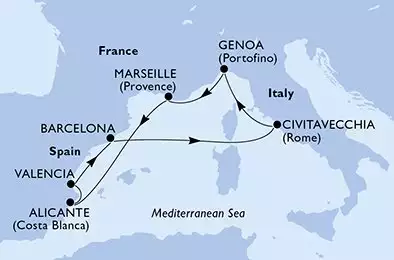 MSC MAGNIFICA - Itinerario di 8 notti partendo da GENOVA il 28/12/2025 - Genoa,Marseille,Alicante,Valencia,Barcelona,Civitavecchia,Genoa