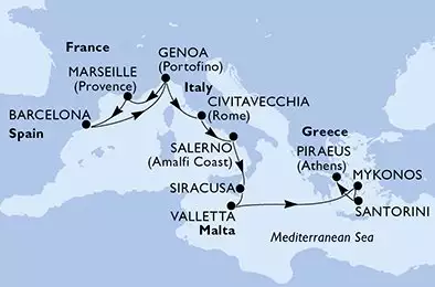 MSC ORCHESTRA  - Itinerario di 11 notti partendo da GENOVA il 16/04/2025 - Genoa,Marseille,Barcelona,Genoa,Civitavecchia,Salerno,Siracusa,Valletta,Mykonos,Santorini,Piraeus